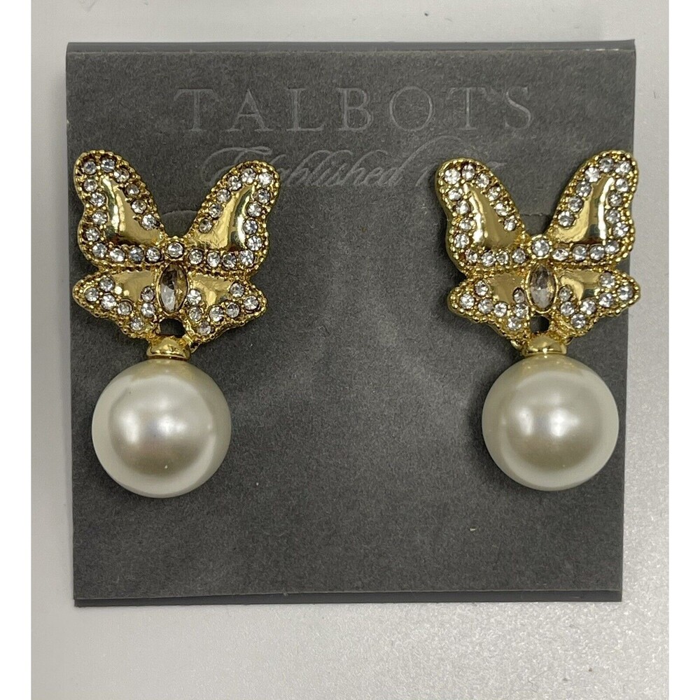 Talbots Gold Tone Crystal Butterfly & Faux Pearl Drop Stud Earrings New